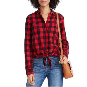 Madewell Red Flannel Tie-Front Long-Sleeve Tee Shirt Buffalo Check/Plaid - XXS